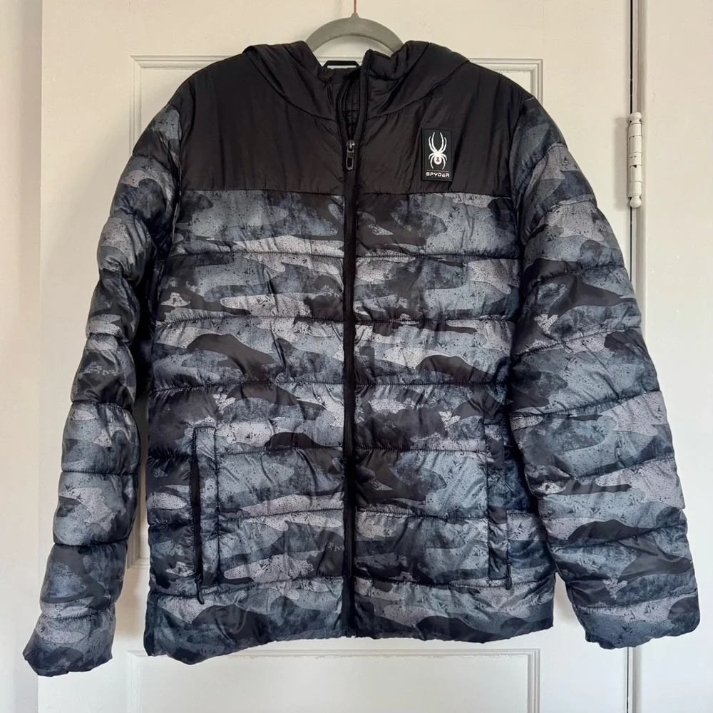 Spyder Jacket Circuit Block Men's Medium Black Camo Insulated Puffer Hooded EUC